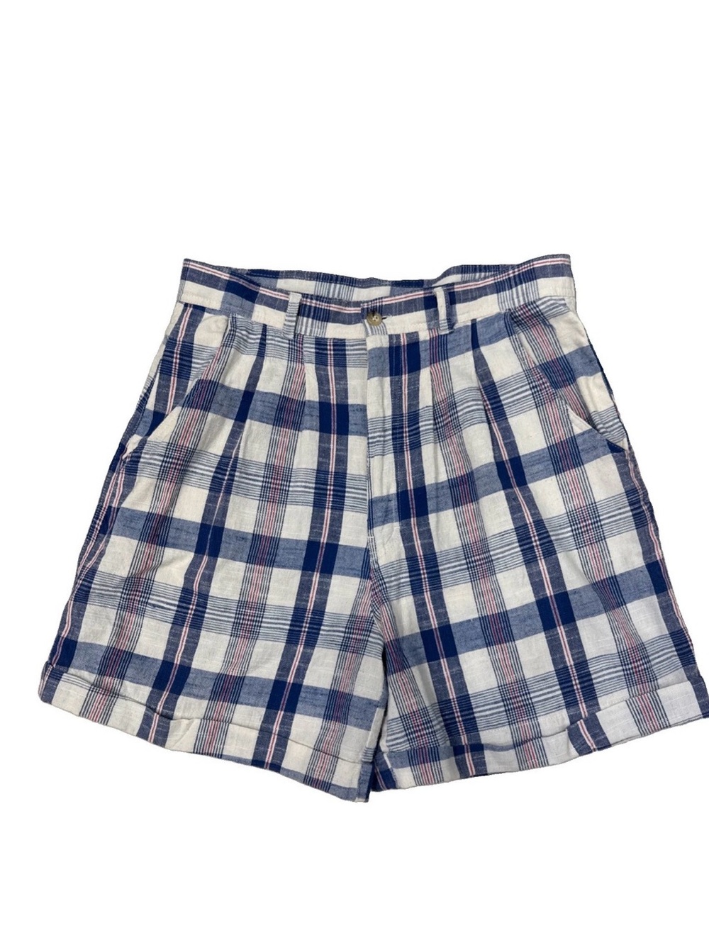 Bill Blass Vintage Plaid Linen High Rise Shorts 12 Blue Cream Beige Pleated New